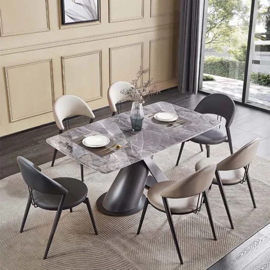 Mesa de jantar moderna com base de aço inoxidável para uso doméstico em laje de mármore/rocha