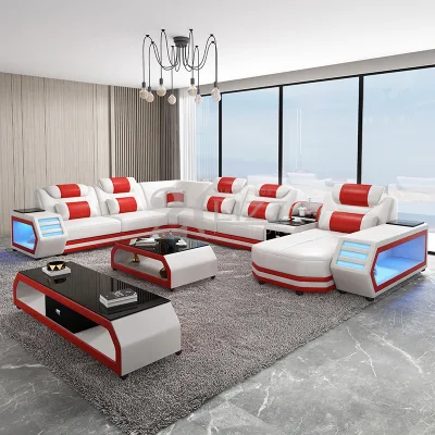 Mobiliário de sala de estar funcional para casa Sofá secional inteligente de couro com luzes LED coloridas